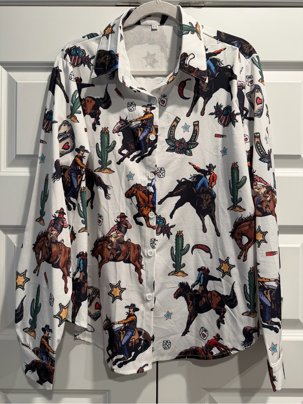 Women's Western Print Button-Up Shirt - White with Multicolor Rodeo Motif